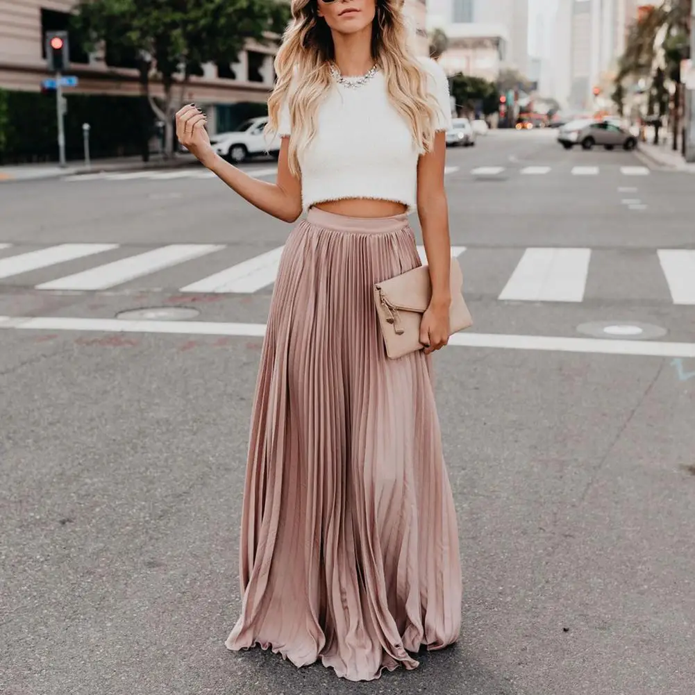 

Women High Waist Pleated Skirt Elegant High Waist Pleated Skirt for Women A-line Solid Color Streetwear with Hem Work Leisure