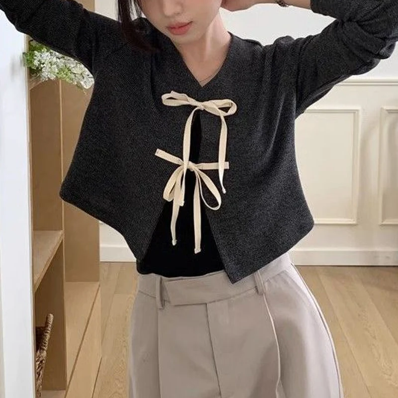 Spring Autumn New Round Neck Fashion Long Sleeve Knitting Cardigan Women High Street Elegant Casual Bow Lacing Comfortable Tops