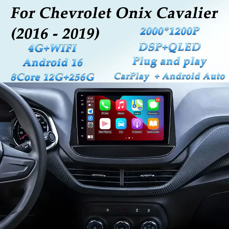 Radio GPS para Auto de 9'' para Chevrolet Onix Cavalier 2016-2019, Estéreo con WiFi, 4G, Bluetooth, CarPlay Inalámbrico, Reproductor Multimedia de Audio y Video