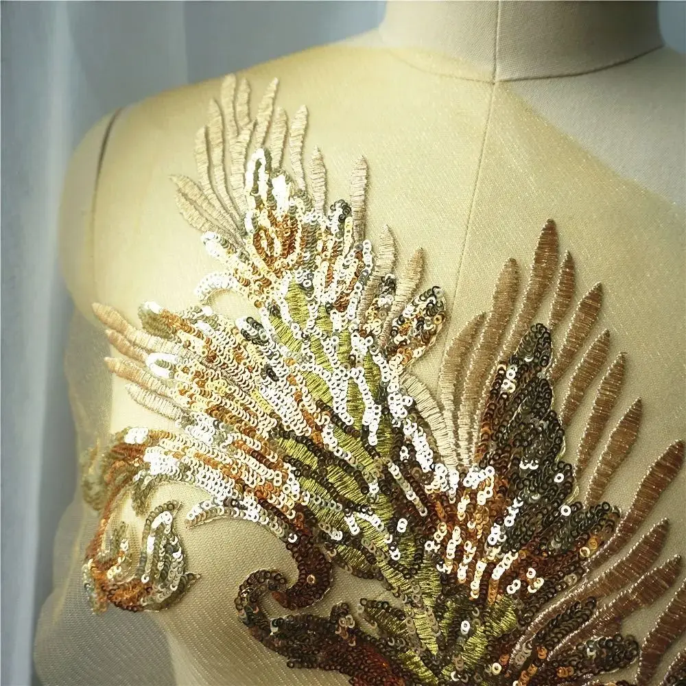 Appliques Sequin Embroidery Sequin Appliques Phoenix Tail DIY Feather Appliques Embroidery Patch Wedding Gown DIY Decoration