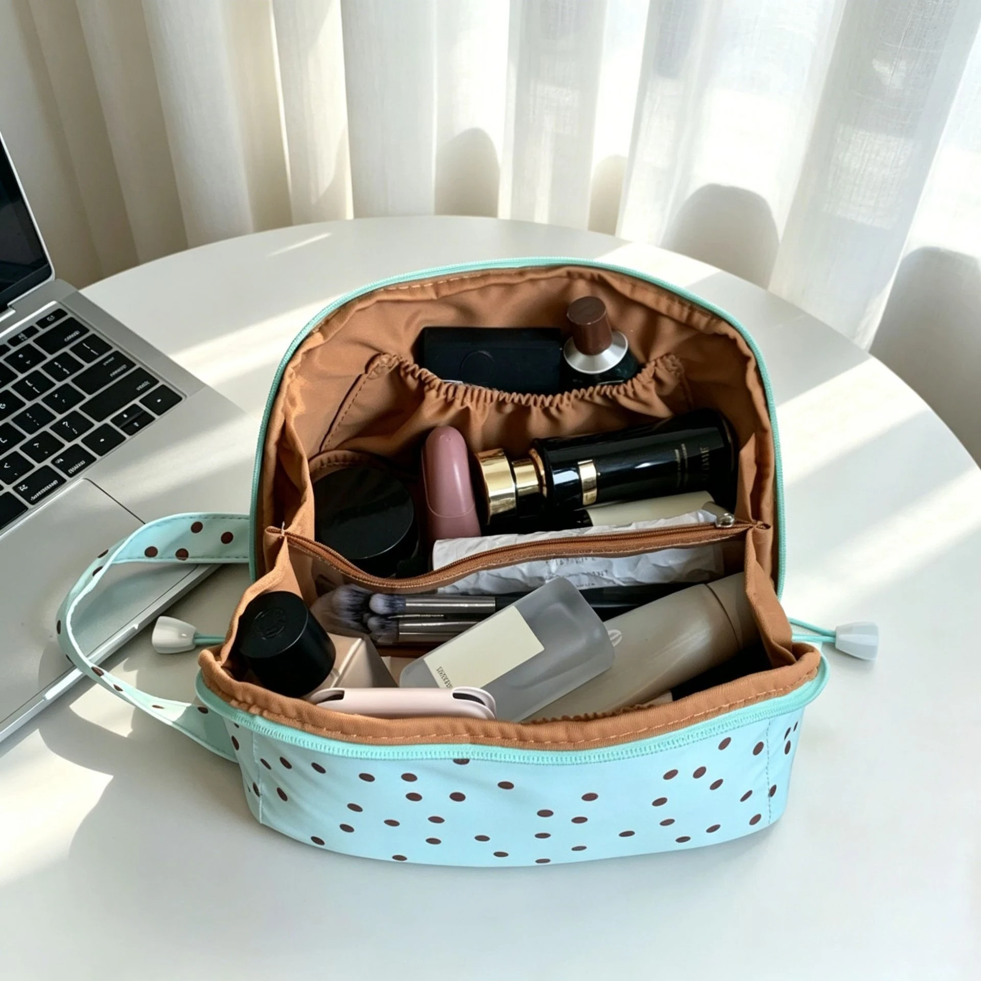 Mint Polka Dot Makeup Bag For Women 2026 New Portable Divided Storage Bag Large Capacity Travel Wash Bag