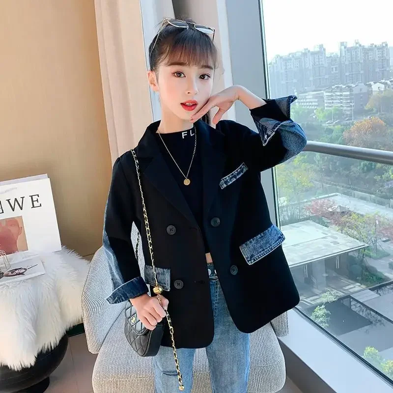 2022 New Fashion Girls Blazer Coat Stitching Denim Jackets Children Spring Autumn Double Breasted Black Formal Coats