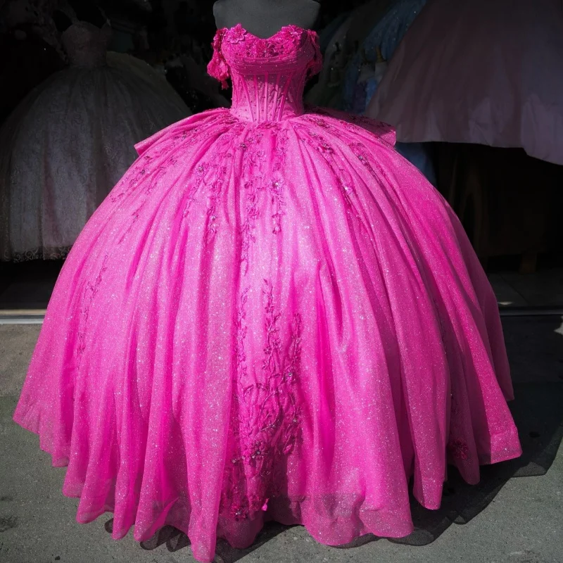 

Shiny rose pink Quinceanera Dress off-shoulder crystal glitter decal Long tail vestidos de 15 Quinceanera ﻿Customize
