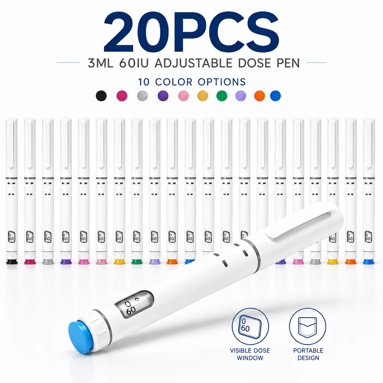 20PCS 3ml 60IU Disposable Injection Pens Adjustable Dose Self Injector Pen with Cartridge Portable Set for Home Travel Use