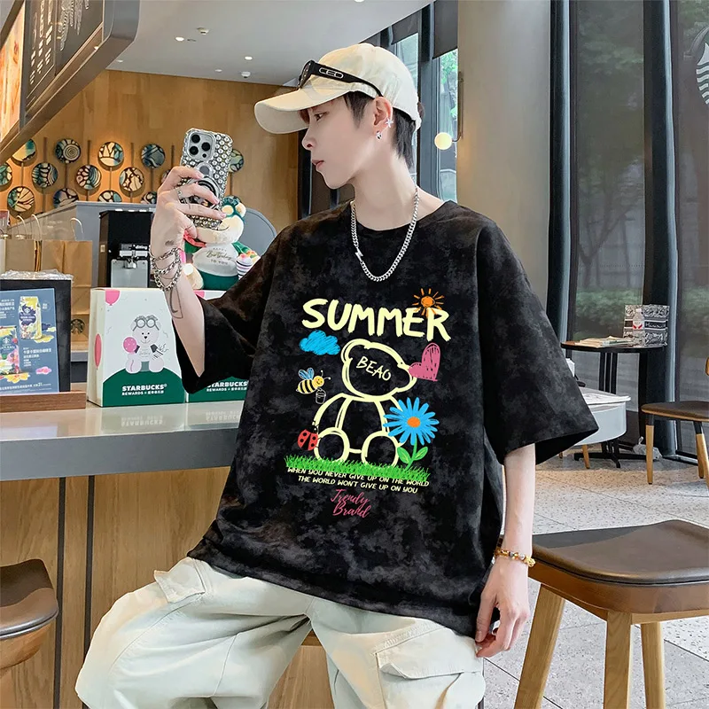 

Летняя футболка для активного отдыха и спорта, повседневная, удобная, модная, трендовая, с эффектом тай-дай, свободного кроя, нейтральная, с коротким рукавом