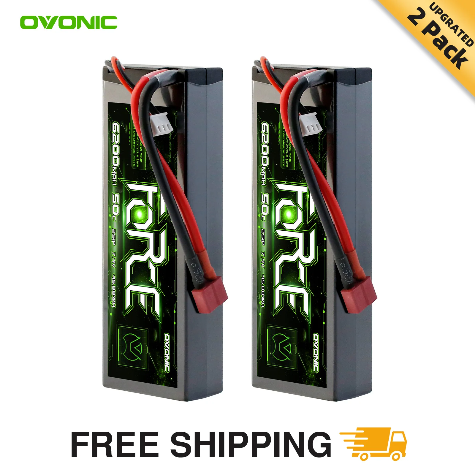 Ovonic Force 2S 6200mAh 50C 7.4V Hardcase LiPo Battery W/Deans Plug for 1/10 1/8 RC Car, Boat & Truck 2-Pack