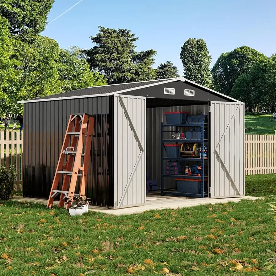 

Metal Outdoor Storage Shed 10x 8, Steel Utility Tool Shed Storage with Double Lockable Doors, for Patio, Garden, Backyard, Gray