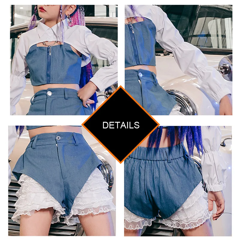 Street Jazz Dance Abbigliamento per bambini K-pop Abiti da palcoscenico Blu Bianco Moda Abiti fantastici per ragazze Sfilata di sfilate