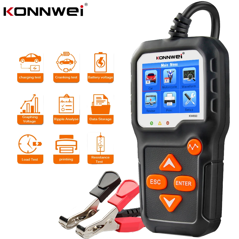 

KONNWEI KW650 Car Battery Tester 12V 6V Battery System Analyzer 2000CCA Car Boat Motorcycle Diagnostic Cranking Charging Tool