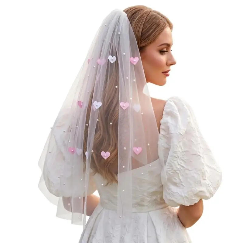 A52E 60 X 90 Bridal Short Veils Headpiece for Wedding Photos, Single Layer Mesh with Heart Accent Design in Cream