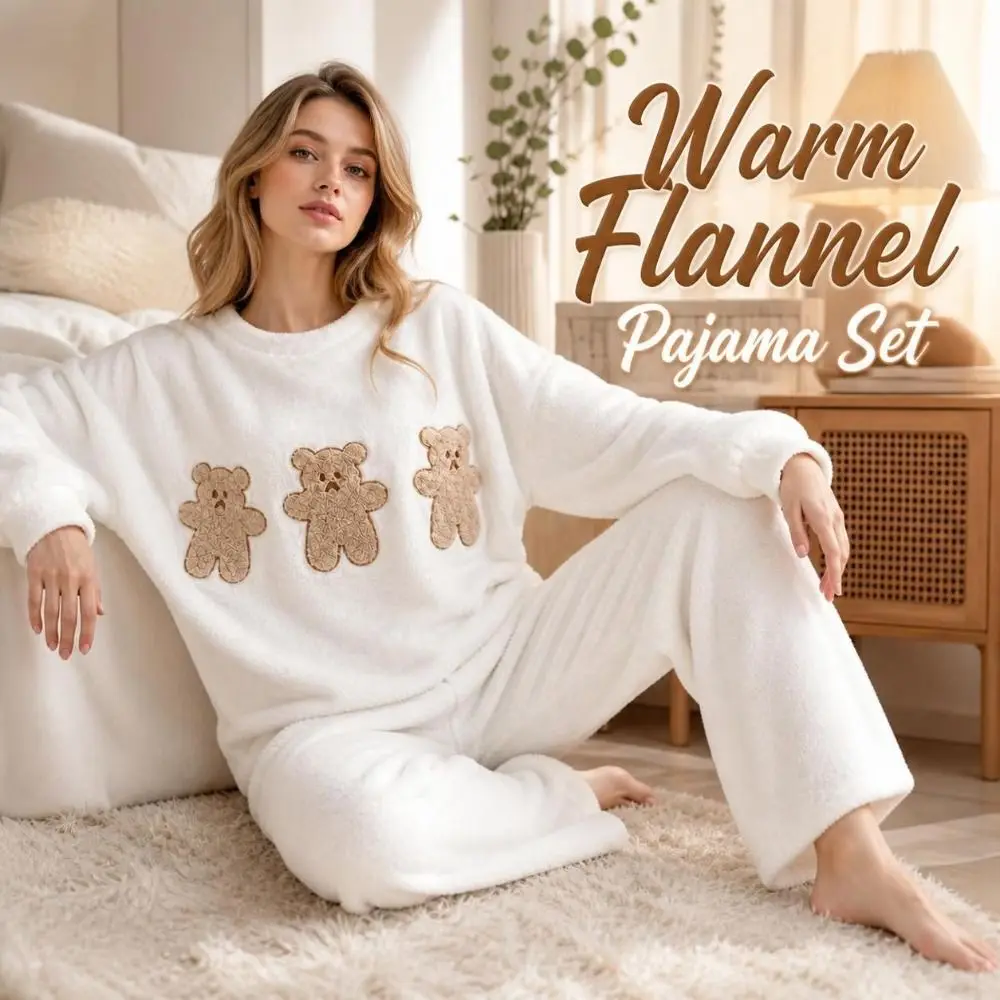 Cozy Loosefit Flannel Pajama Set Longsleeve Warm Bear Loungewear Set Thickened Oversized Fuzzy Sleepwear Set Woman Nightwear