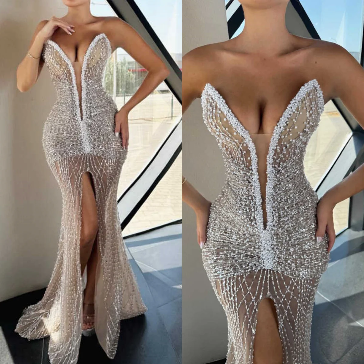 

Элегантные вечерние платья без бретелек с блестками, сексуальное платье русалки с высоким разрезом спереди, вечернее платье без рукавов по индивидуальному заказу