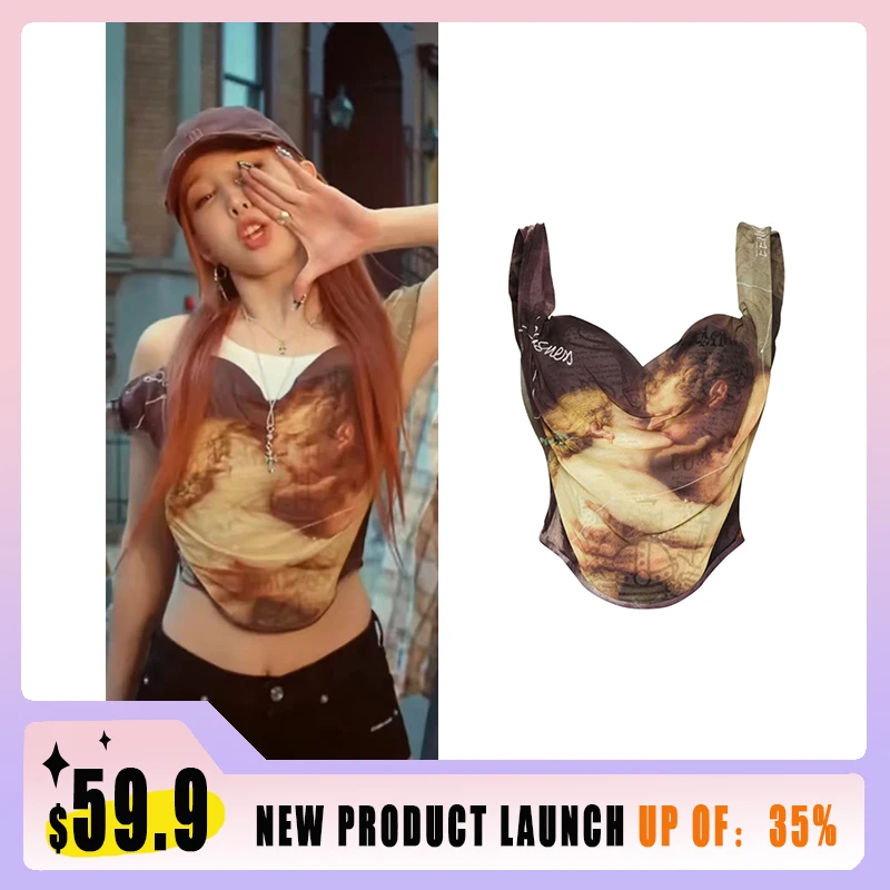 

2024 Summer New Korean Idol Same Artistic Oil Painting Print Fishbone Suspended Tank Tops K POP Jazz Dance Costumes VBH427