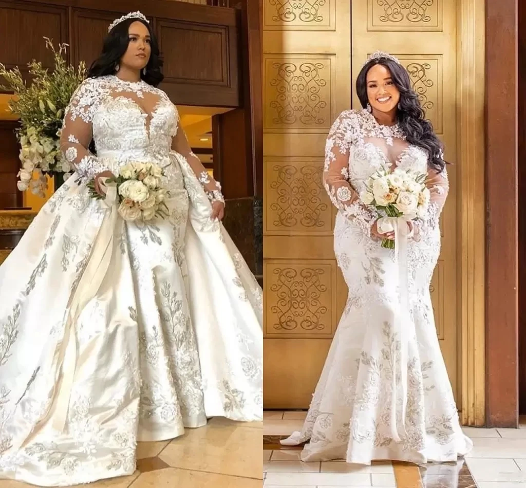 

Full Lace Mermaid Dress With Detachable Skirt African Sheer Long Sleeve Appliques Beads Bridal Gowns Plus Size Robes