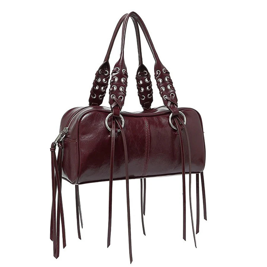 Burgundy Red PU Motorcycle Style Boston Bag Y2K Style Women's Cylindrical Handbag Capacity Versatile Punk Shoulder Crossbody Bag