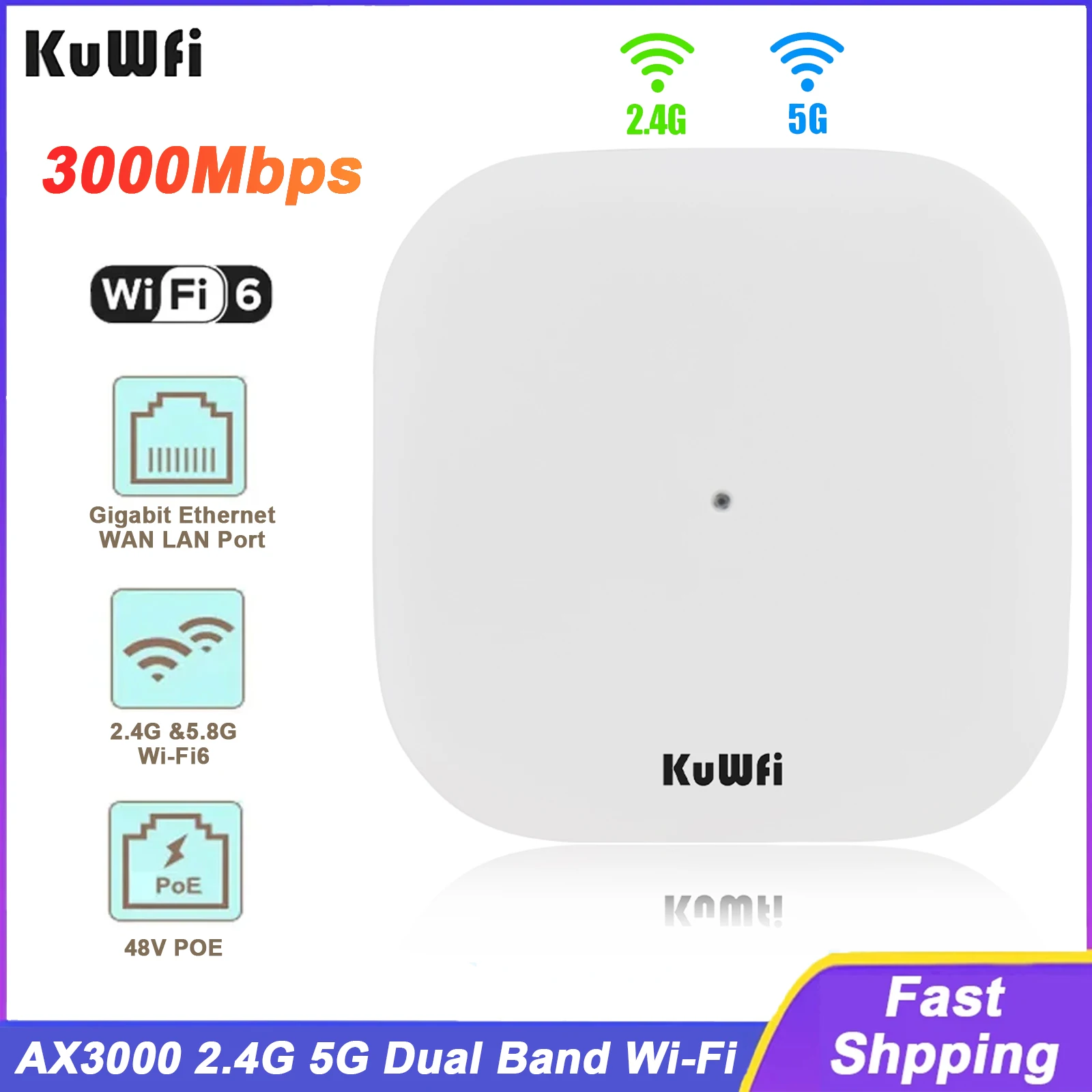 

KuWfi AX3000 Потолочный маршрутизатор AP 3000 Мбит/с 2,4 ГГц 5 ГГц Двухдиапазонный маршрутизатор Wi-Fi6 Gigabit Ethernet WAN Порт локальной сети Поддержка 48 В POE MESH