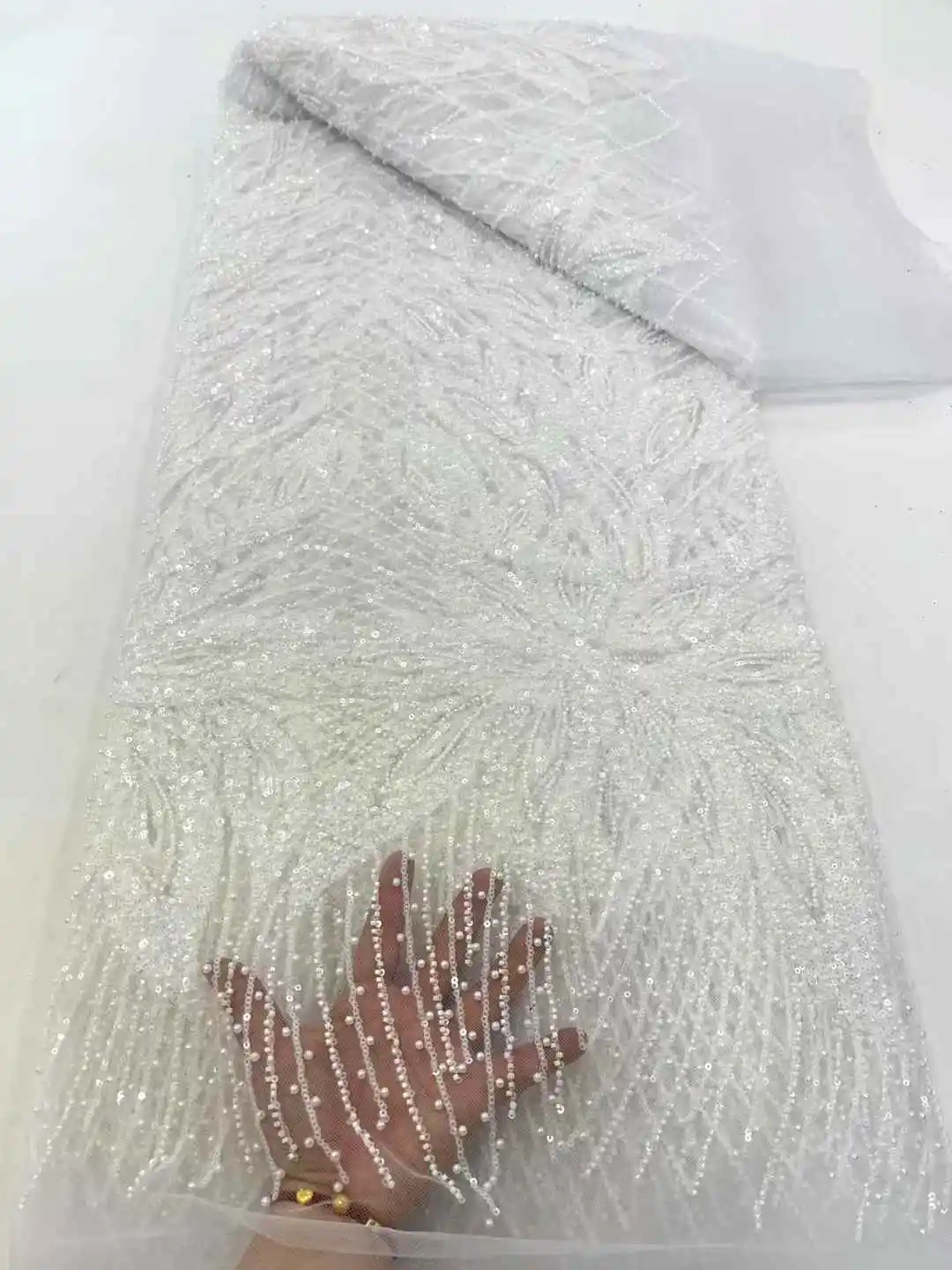 

African Sequins Beaded Lace Fabrics 2025 High Quality Sequence Embroidery French Nigerian Lace Fabric For Wedding Sewing