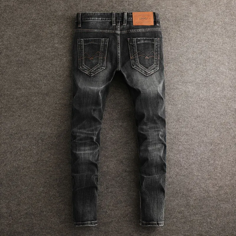 Designer Street Fashion Men's Black Grey Jeans Elastic Retro Slim Fit Split Jeans Emblem Hip Hop Brand Pencil Pants hombre