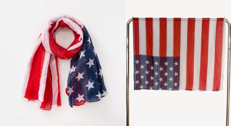 Modischer Schal mit amerikanischer Flagge, länglicher Schal, patriotischer Sterndruck, Voile, weicher Wickelschal mit geometrischen Streifen – Detail 3