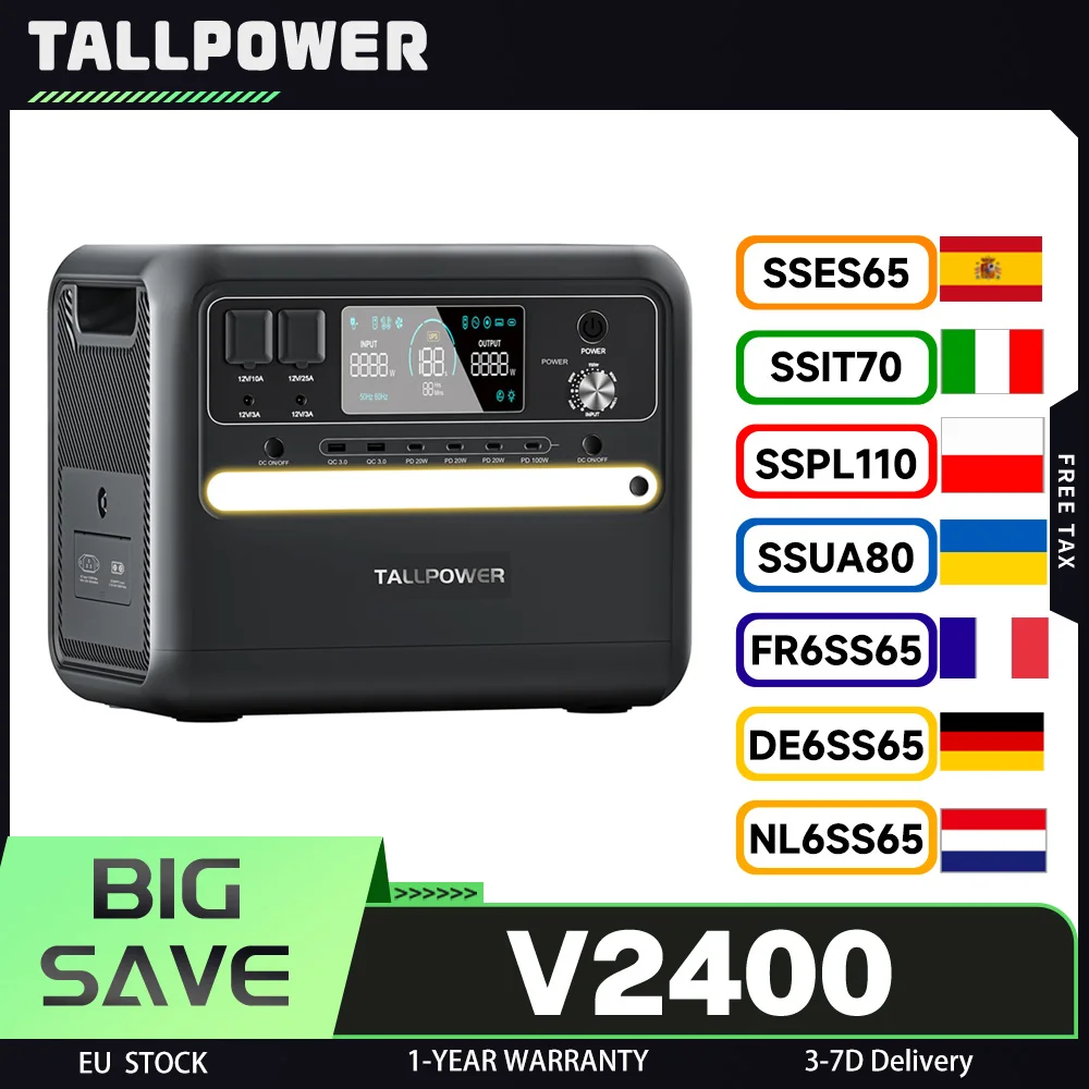 Centrale électrique portable TALLPOWER V2400, générateur solaire LiFePo4 2160 Wh, sortie CA 2400 W, UPS, 13 sorties, écran LCD, coffre-fort