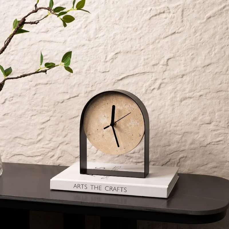 Marble Numberless Arch Table Clocks Simple Living Room Cave Stone Clocks Ornament Metal Pointer Personal Artistic Home Decor