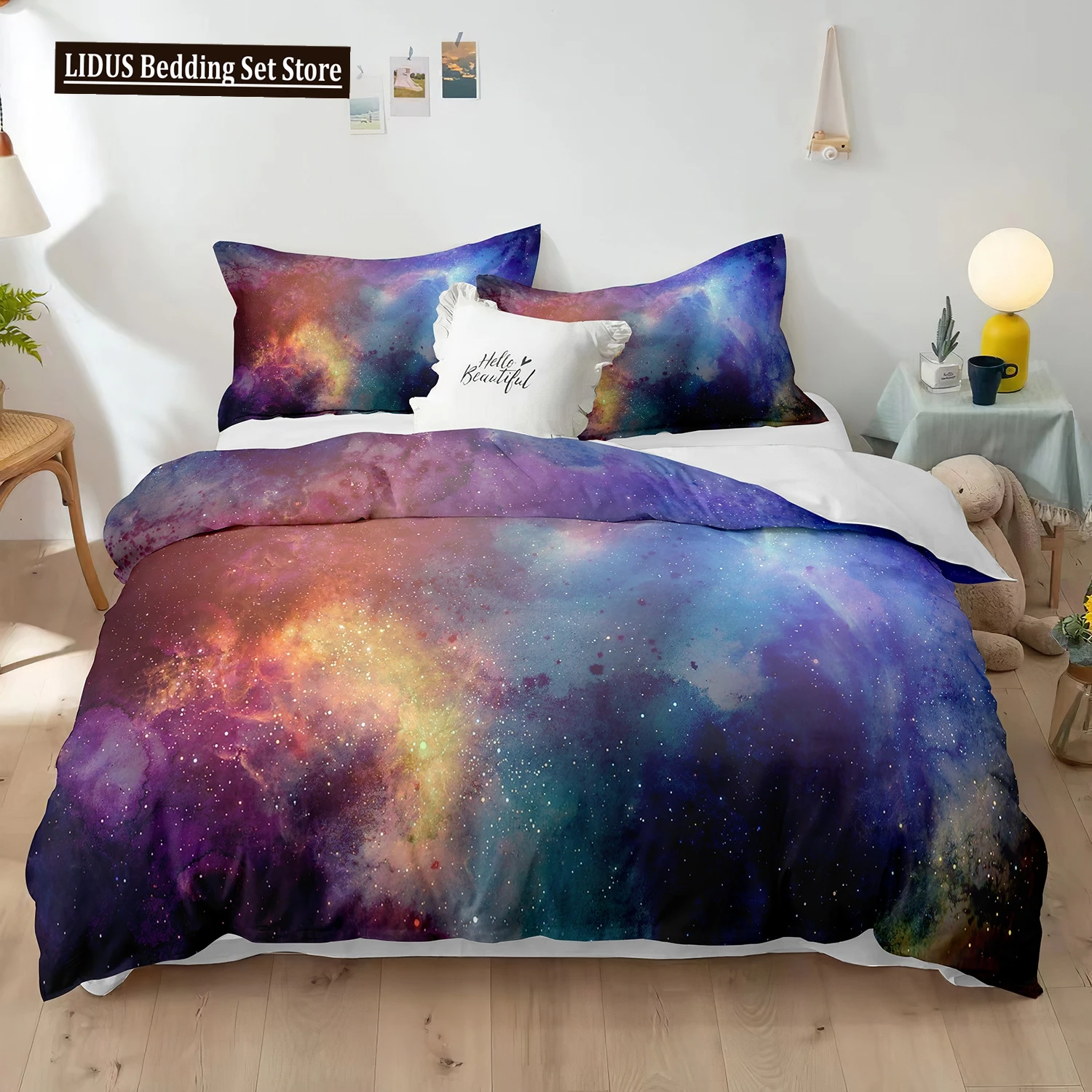 

Starry Sky Polyester Duvet Cover Set King Size White Star Colourful Galaxy Starry Space Nebula Abstract Cosmos For Boy Girl Kids