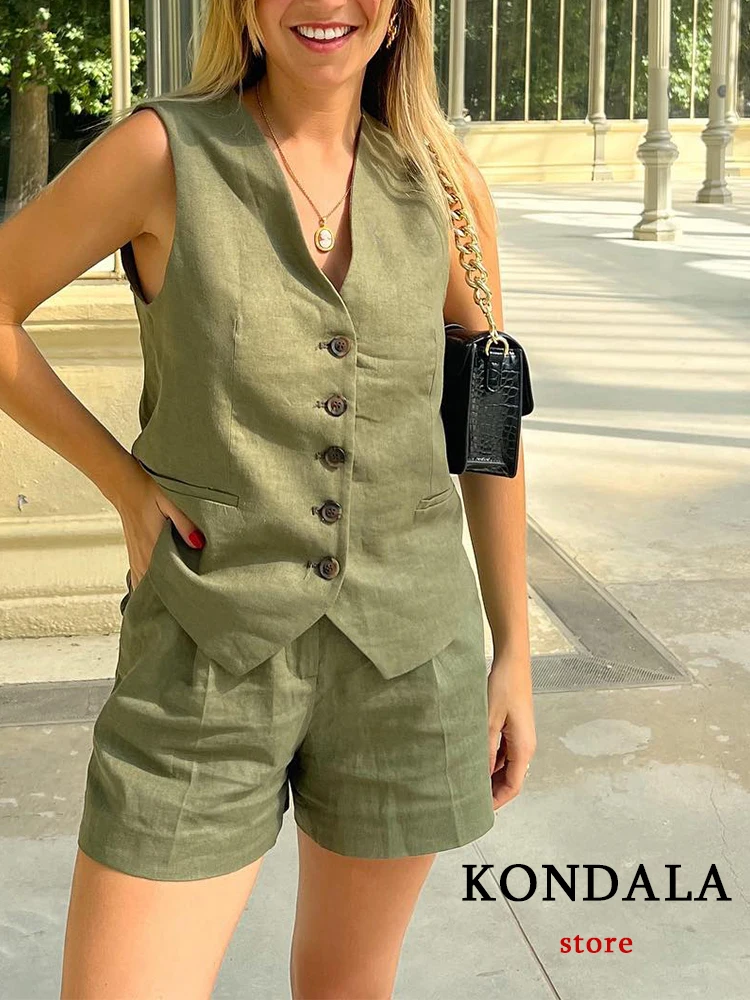 TRAFZA Casual Linen Women Suits 2 Pieces V Neck Buttons Vest Blazer+High Waist Wide Leg Shorts Fashion 2024 Summer Vintage Sets