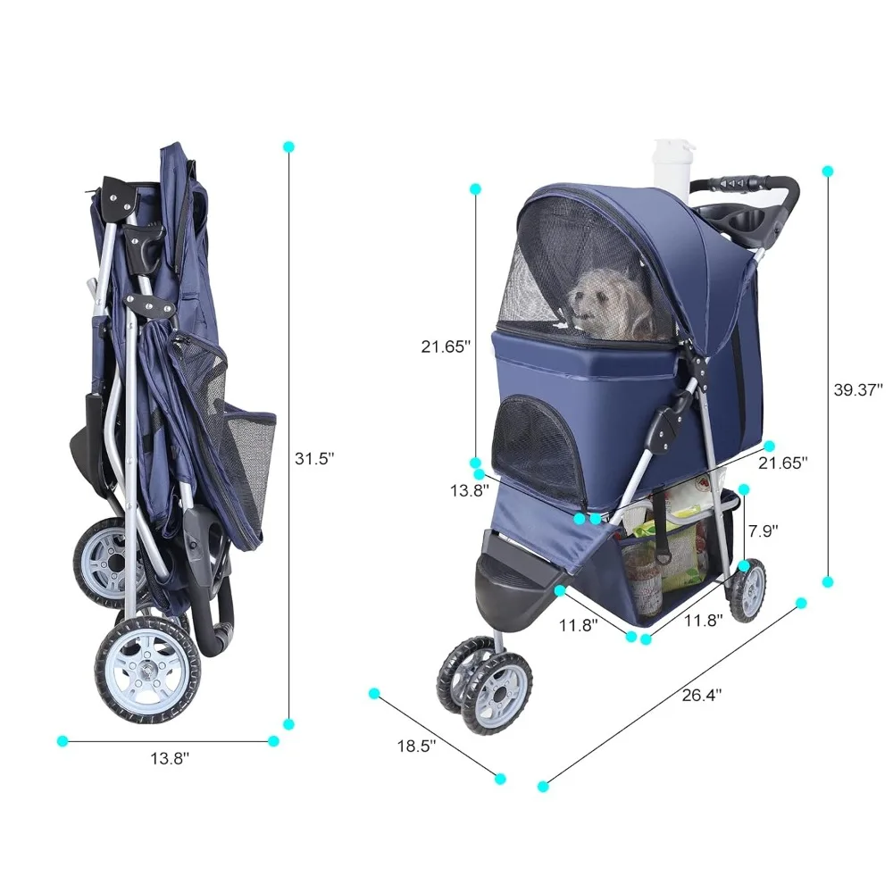 Kinderwagen für kleine mittelgroße Hunde und Katzen, 3-Rad-Kinderwagen zusammen klappbar flexibel leicht zu tragen für Jogger Jogging Walking Travel