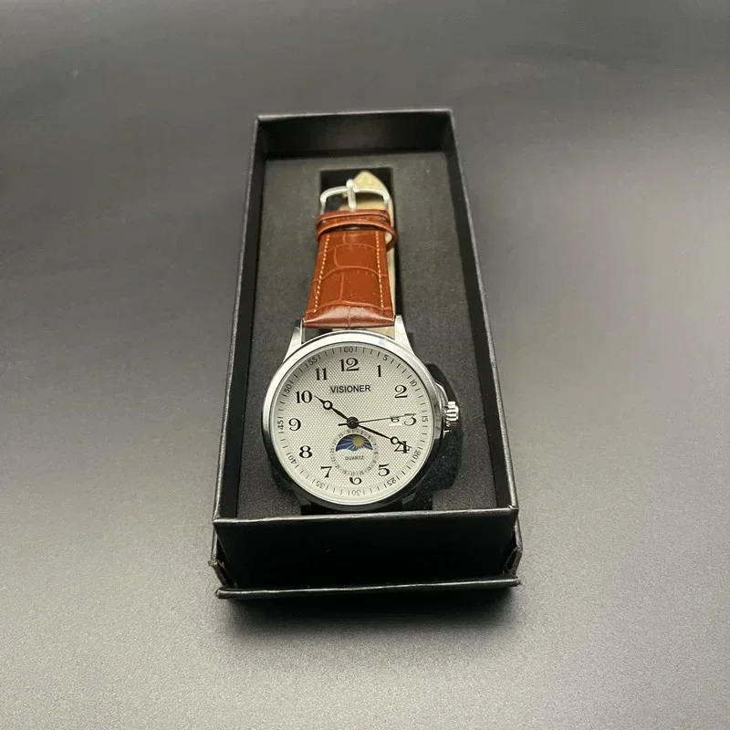 

Повседневные трендовые часы для мужчин, круглые часы с календарем из нержавеющей стали, часы Sun Moon Star, повседневные кварцевые мужские часы, мужские часы с кожаным ремешком