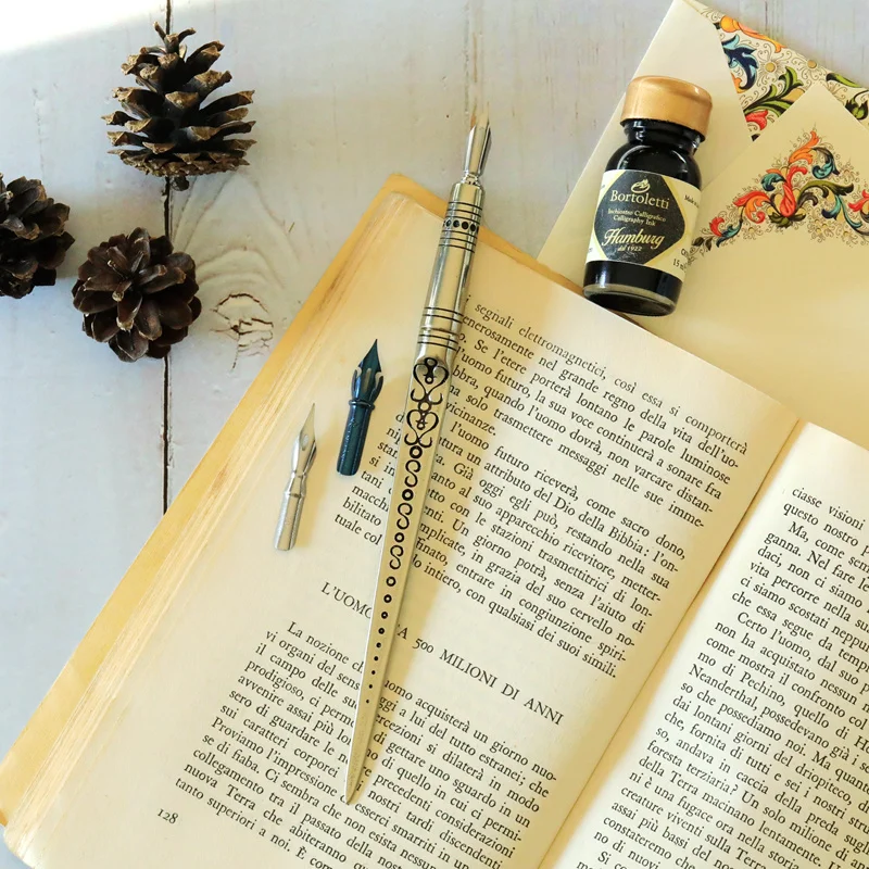 Italian Bortoletti All Copper Manual Penknife Dip Pen Letter Opener Ink NIB Gift Box Set