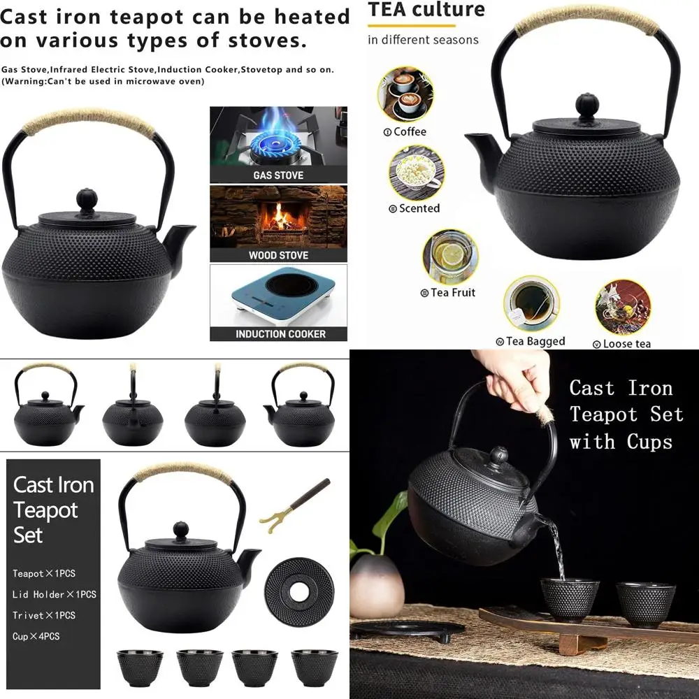 

Japanese Cast Iron Tetsubin Tea Set, 40.6oz Stovetop Kettle, 1200ml Black Teapot with Stainless Steel Infuser for Loose Leaf Tea