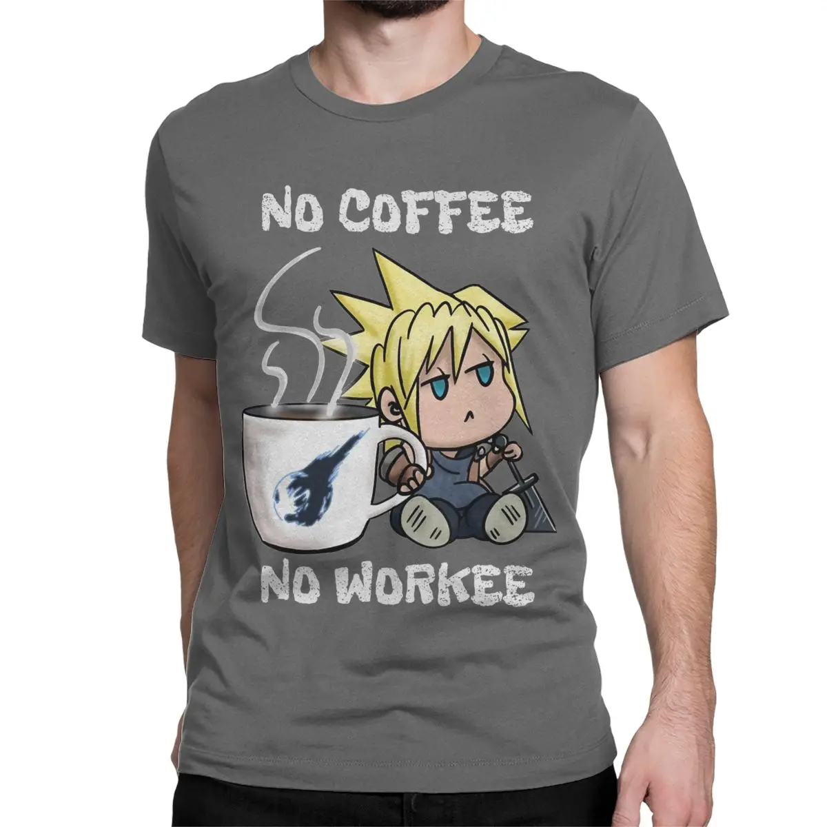 Awesome Chibi Cloud No Coffee No Workee Final Fantasy 7 T-Shirt Men Pure Cotton T Shirt Short Sleeve Tee Shirt New Clothing