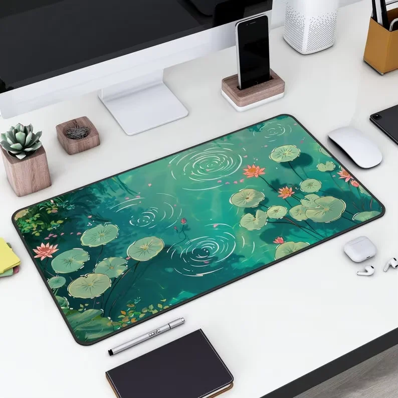 Green Lotus Leaf and Lotus Pond Mouse Pad, Anti-Slip Rubber, Washable Computer Mechanical Keyboard, High-Quality Desk Pad