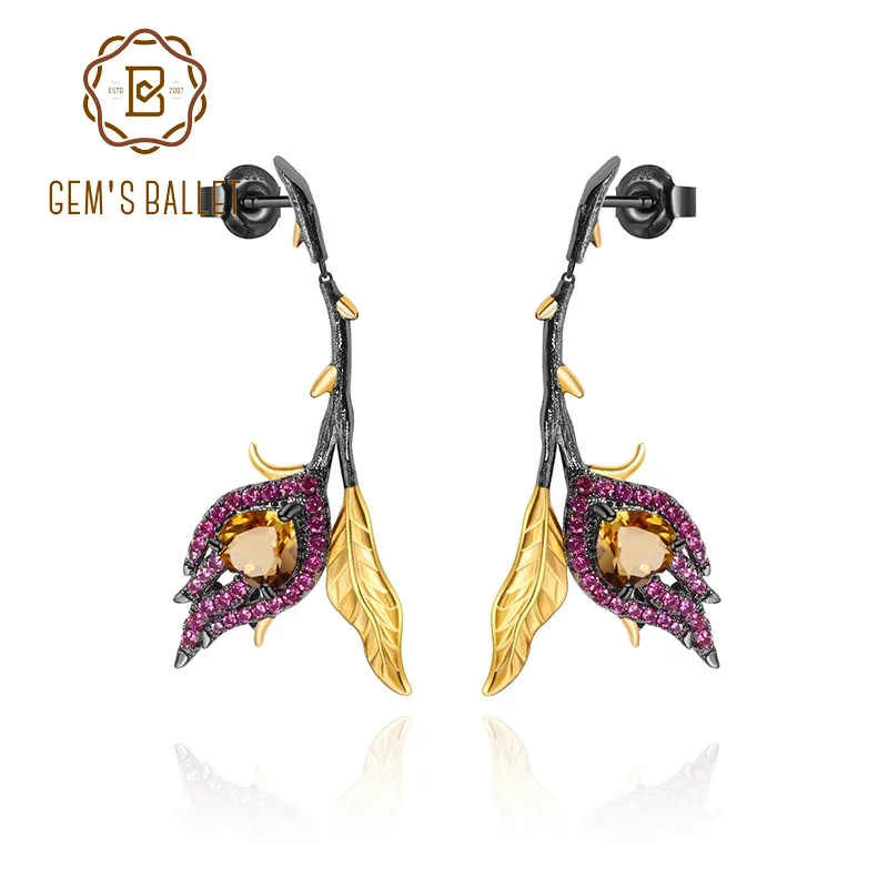 GEM'S BALLET Black & 18k Gold Over 925 Silver Two Tone Handmade Heart Burnt in Love Natural Citrine Woman’s Gemstone Earrings