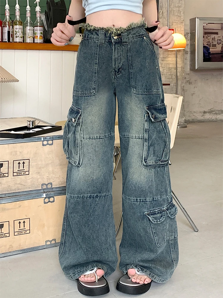 Women\'s Y2k Baggy Cargo Jeans Aesthetic Oversize Denim Trousers Harajuku Vintage Jean Pants Japanese 2000s Style Trashy Clothes