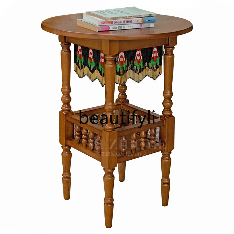 American retro small coffee table pure handmade bead curtain round table solid wood small coffee table double-layer storage