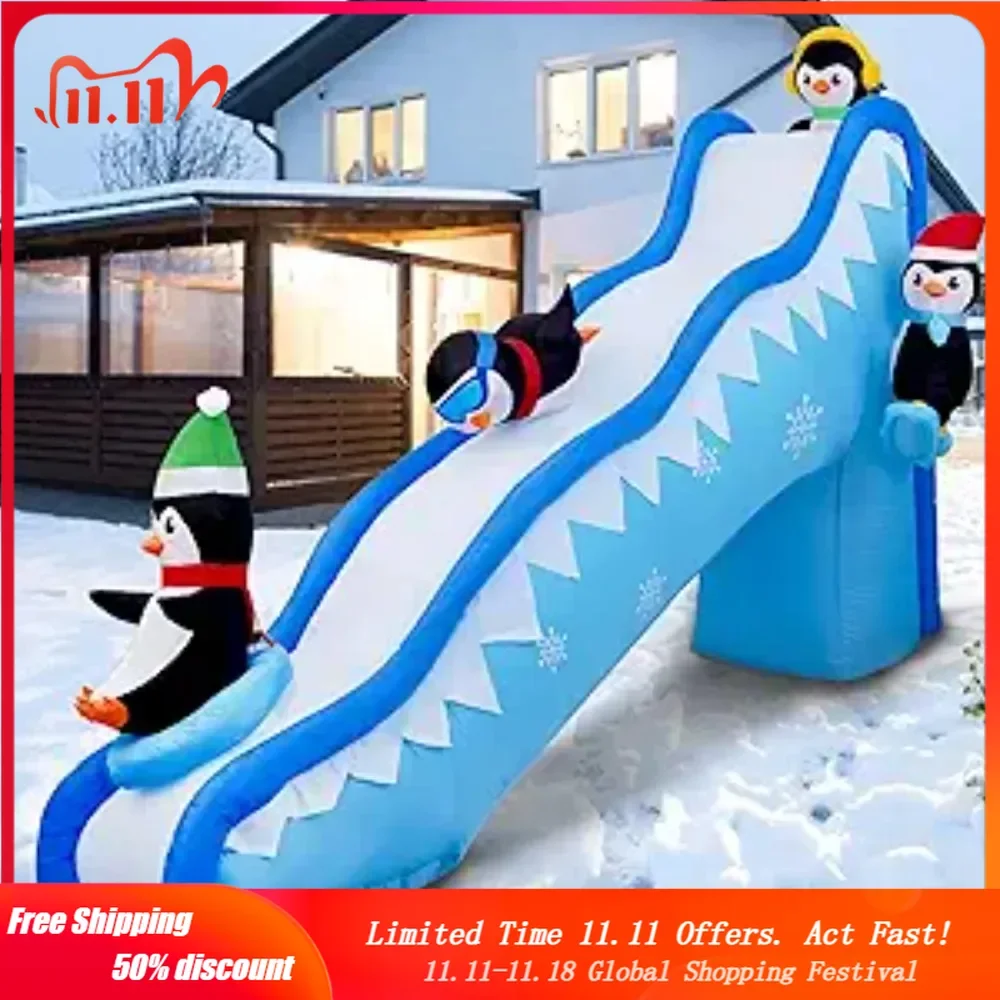 6FT Christmas Inflatables Penguin Slide Blow Up Christmas Decorations Outdoor Build-in LED Lights Penguin Inflatab