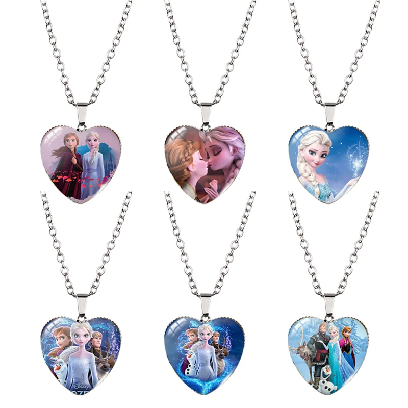 Disney Frozen Princess Elsa Necklaces Cartoon Anime Periphery Heart Shape Time Gemstone Collarbone Chain Fashions Jewellery Gift