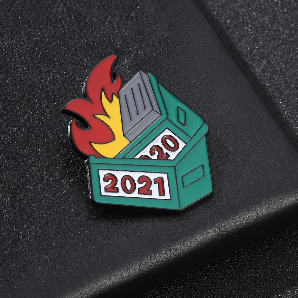 Fun Cartoon Dustbin On Fire Brooch Enamel Metal Lapel Pins Shirt Backpack Hat Badge Jewelry Accessories Gift for Friends