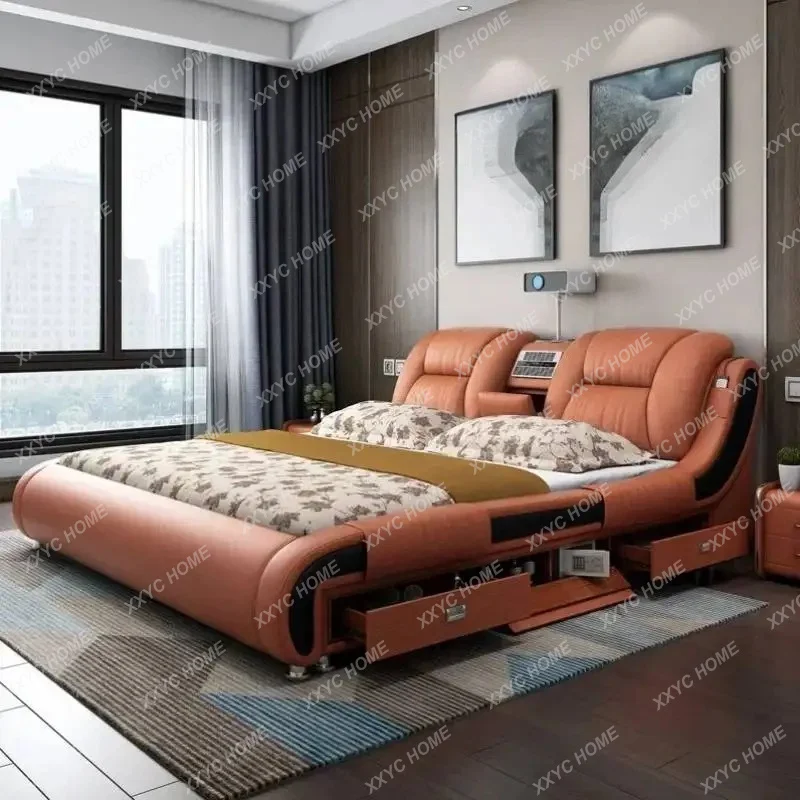 XXQueen Luxury Modern Double Bed Storage Multifonction Bedroom King Double Bed White Frame Smart Cama Box Casal Room Furniture