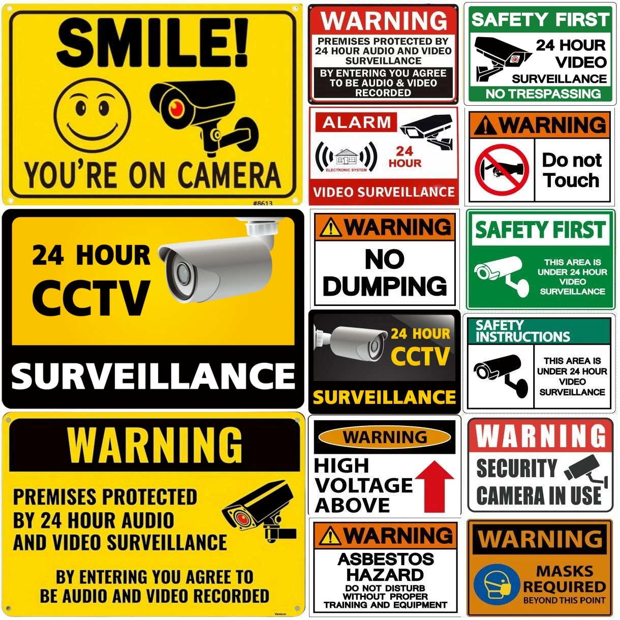 Aluminum 24-hour Video Surveillance Metal Sign Plaque Security Warning Decorative Plates For Bar Outdoors Hotel Home Wall Decor