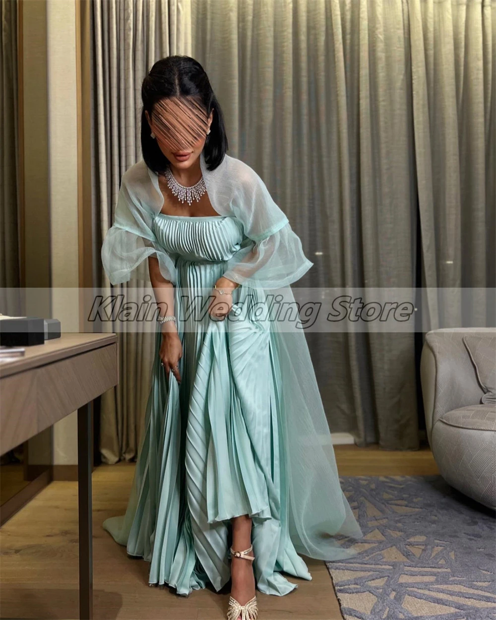 Customized A-line Strapless Prom Gown Muslim Clothing Pleat Evening Dresses For Women Three Quarter Maxi Dress فساتين سهرة فخمه