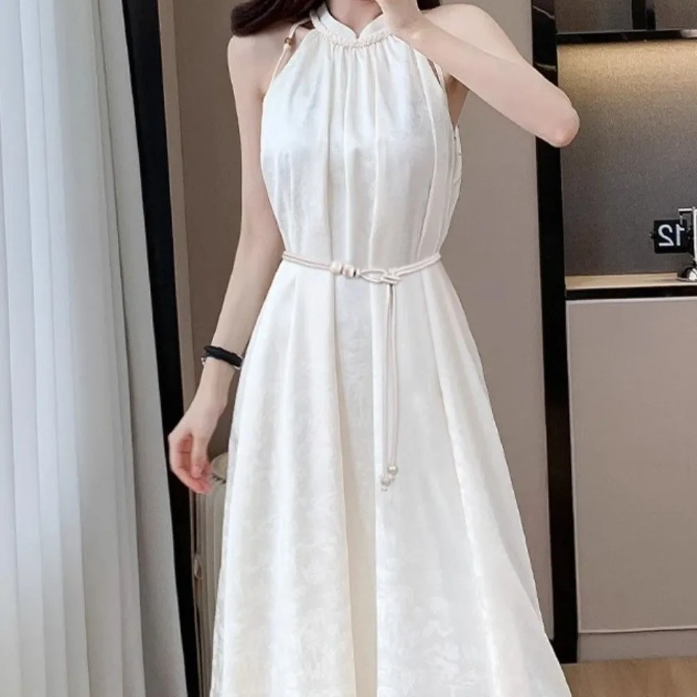 Simple Slim Rope Waist Chain Adjustable Tie Rope Leather Waistband Chinese Style Bead Thin Belt Waist Decor