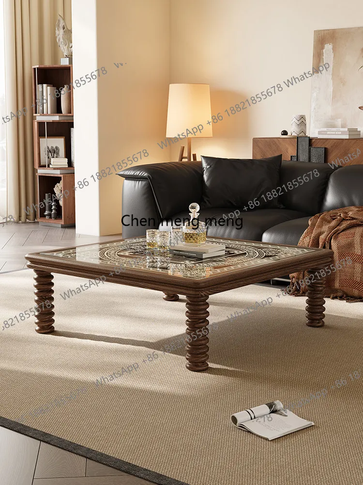 French medieval style solid wood coffee table designer new ladder wood stacked engraved coffee table square glass coffee table