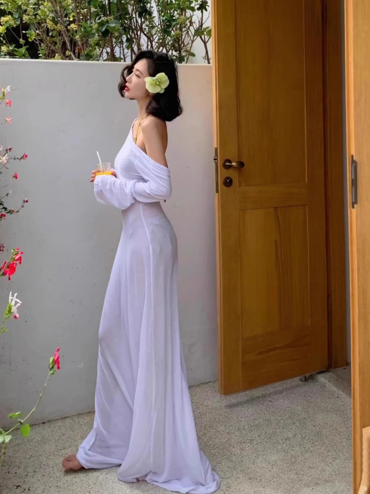 ビーチバケーション ホワイトムーンライト アシンメトリー ミディドレス トラベル ショルダーレス セクシー シースルー 長袖 コットンブレンドドレス