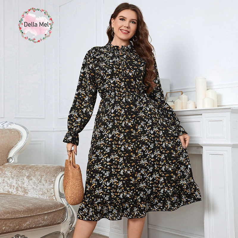 Della Mel Women's Plus Size Chiffon Dress Vintage Floral Printed Long Sleeve Spring Autumn Casual Long Party Dresses 3XL 4XL