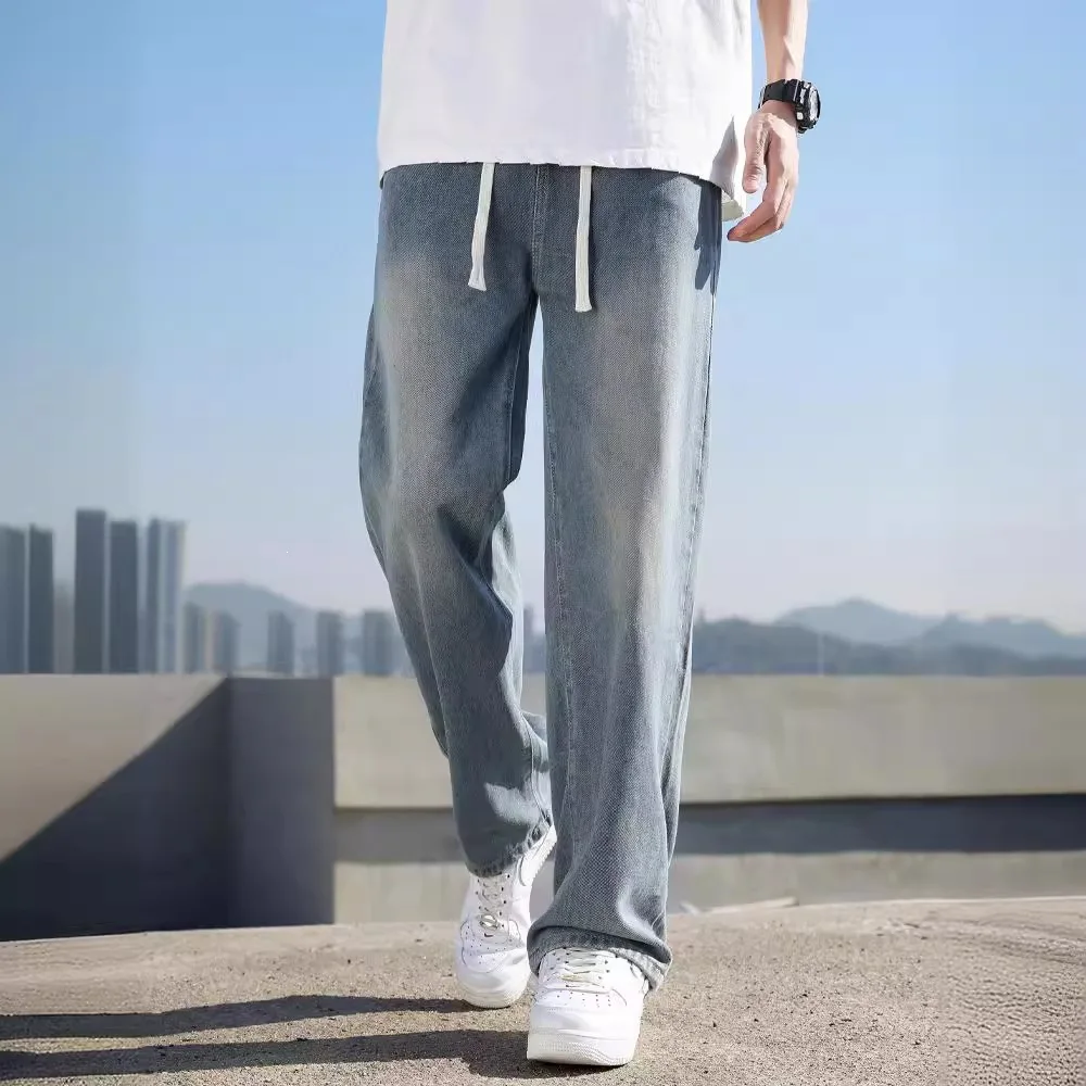 Casual Dual Drawstring Straight Wide Leg Pants Faded Gradient Wash Side Pocket Relax Full Length Bottoms for Unisex Streetwear