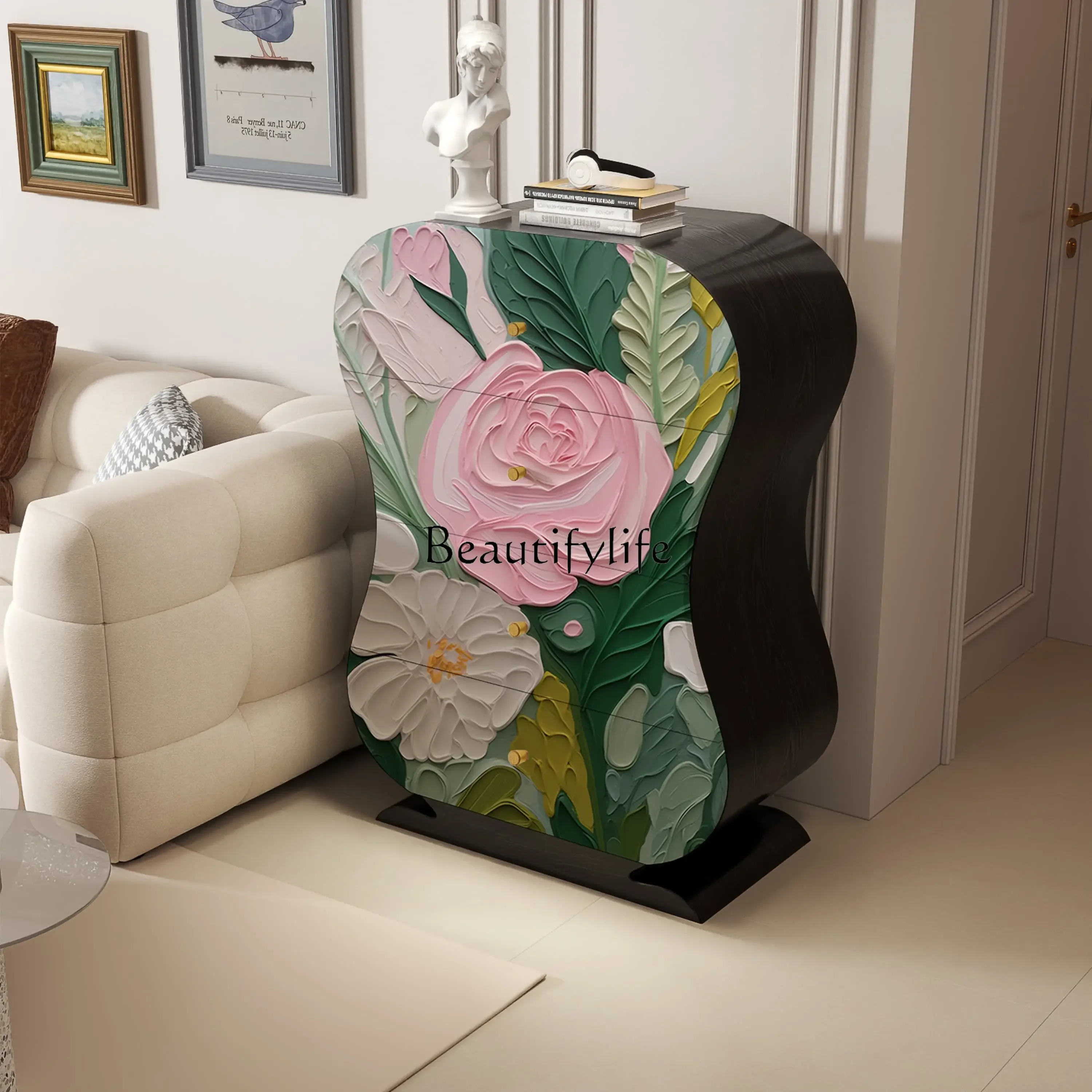 

ls 51 Chinese-style pattern household painted solid wood porch cabinet, living room integrated storage cabinet against the wall