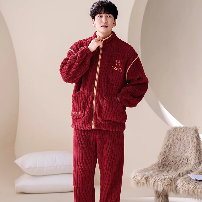 Men's Pajamas Autumn Winter Long Sleeve Sleepwear Thick Flannel Keep Warm Pyjamas Male Lounge Pajama Sets Big Yards 4XL Pijamas