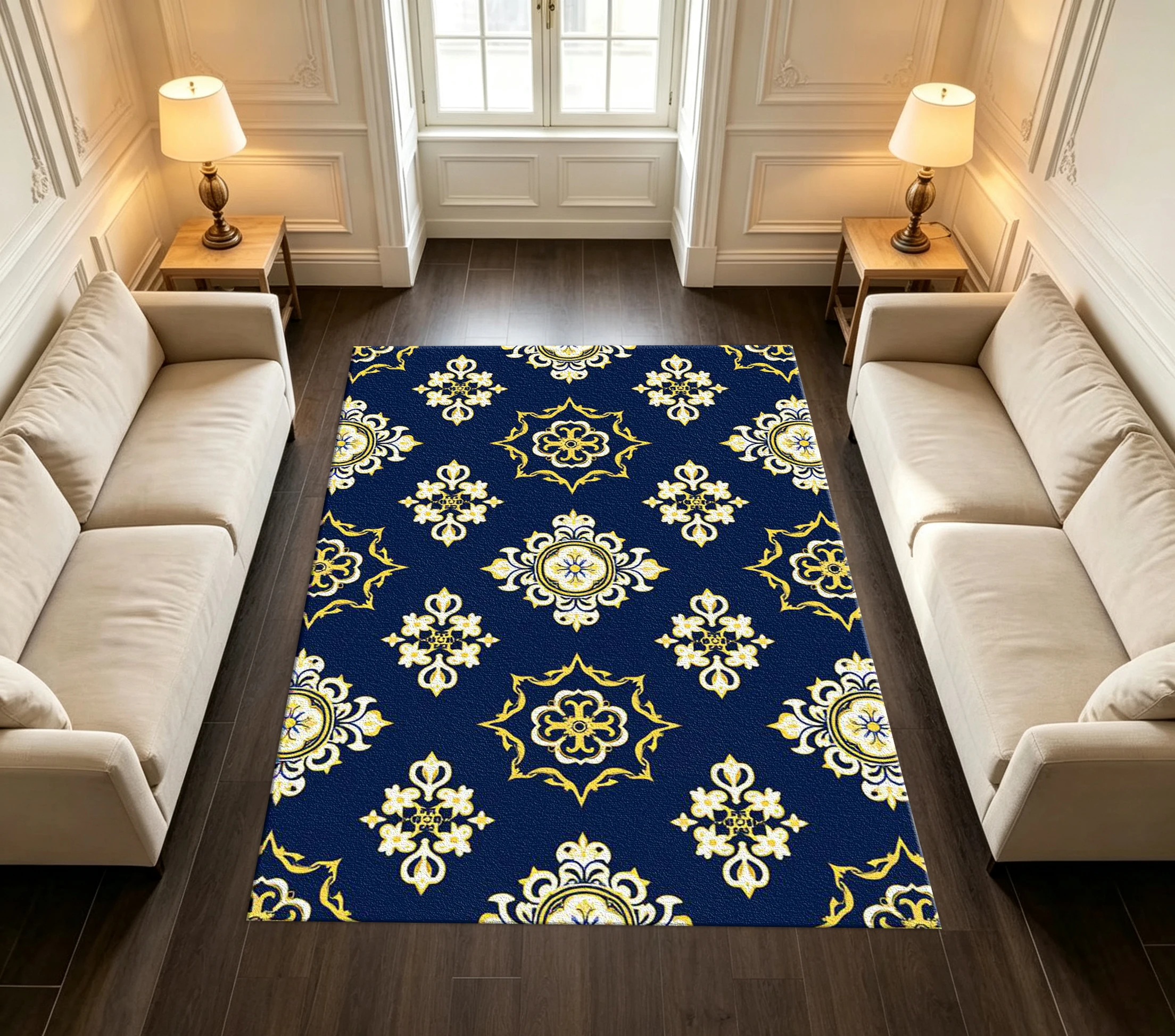 Navy Blue Gold Ornate Medallion Pattern Area Rug Living Room Indoor Home Decor